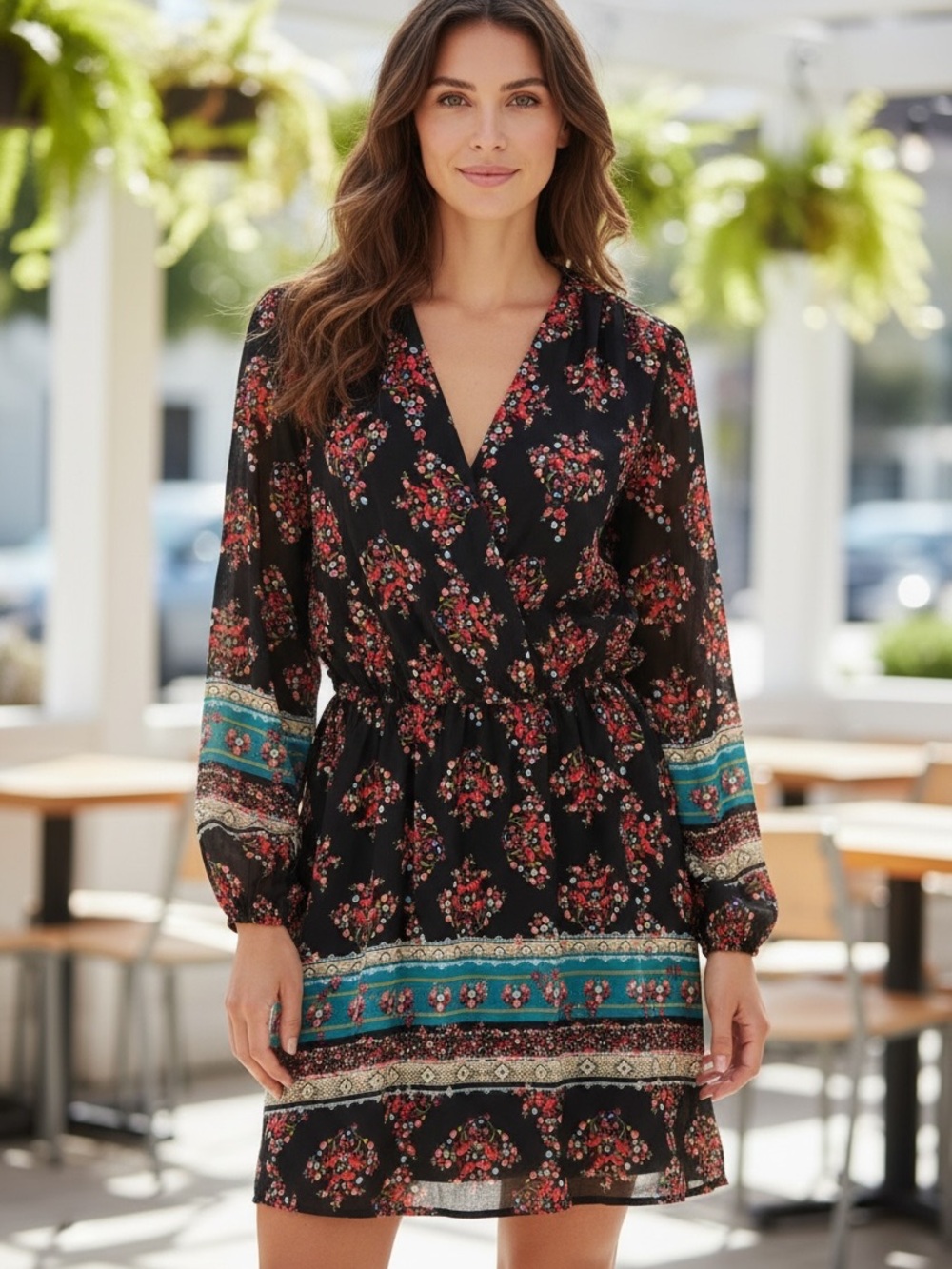 Women's Black Floral V-Neck Long Sleeve Dress